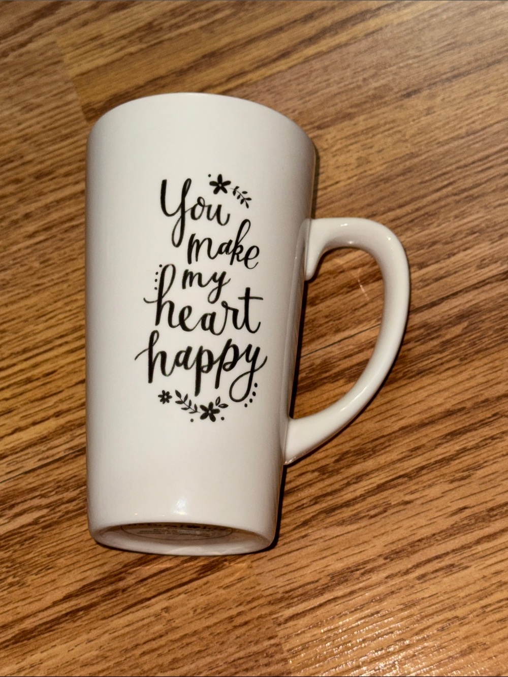 NATURAL LIFE White Coffee Cup Mug with Black Script "You Make My Heart Happy"
